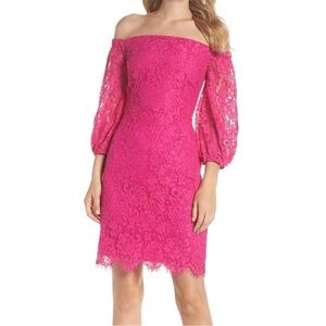 Trina Turk Akamai Lanai  pink lace overlay off shoulder dress size 4 NWT